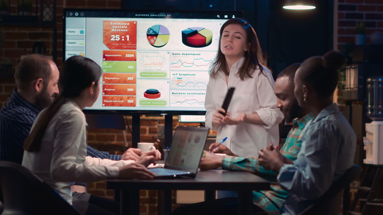 Company employee explaining analytics research results in business meeting