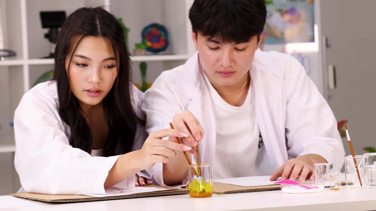 化学の授業中、白衣を着た2人のアジア人学生がビーカーで黄色い液体を混ぜている