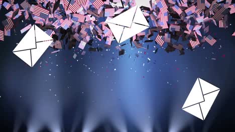 Multiple-envelope-icons-and-American-flags-falling-against-spotlights-on-blue-background