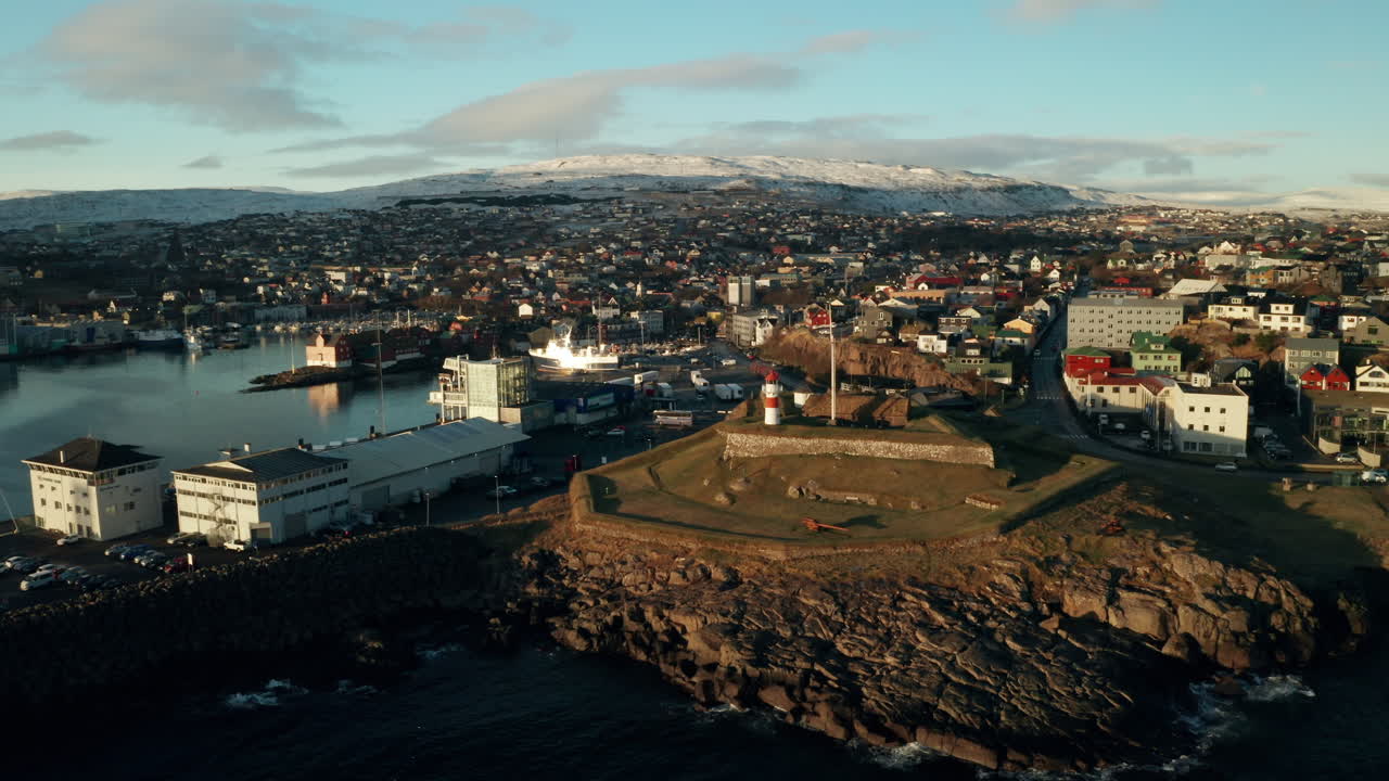 Faroe Islands 4K Aerial of Skansin, T&oacute;rshavn at sunset