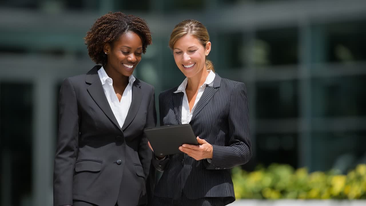 Two Business Professionals Engaged in a Collaborative Discussion While Reviewing Information on a Tablet in a Modern Outdoor Setting