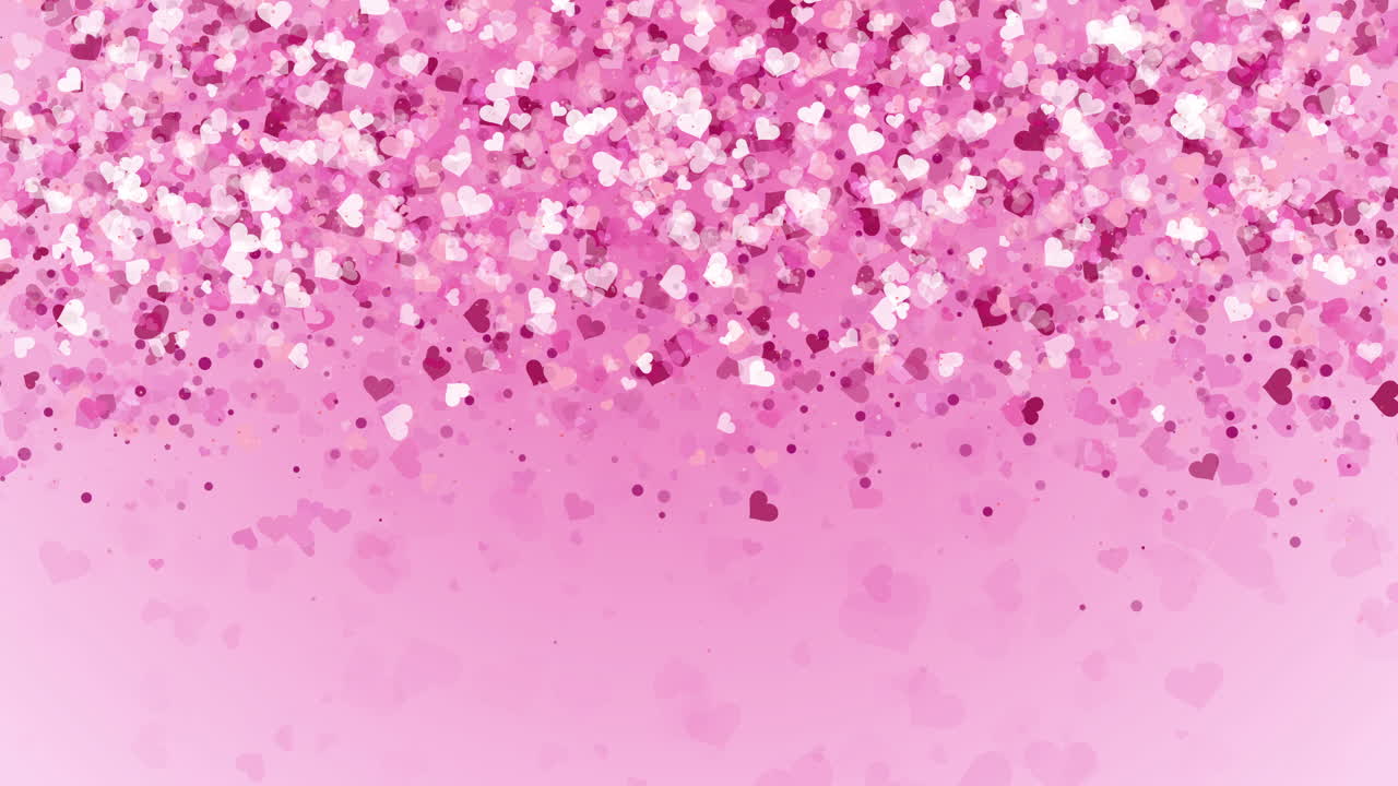 Pink love falling confetti from small particles of hearts. Romantic holiday animation. Looped motion graphics. Copy space.