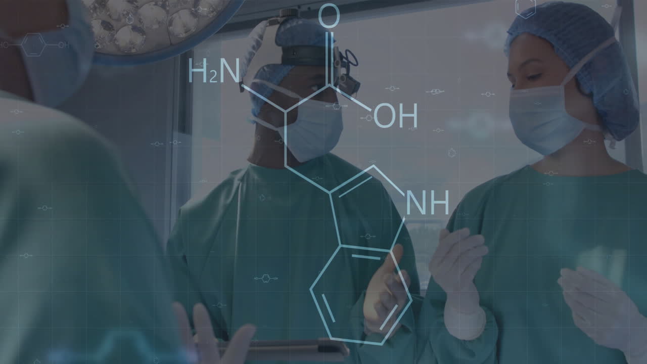 병원에서 다양한 외과 의사에 대한 과학적 데이터 처리의 애니메이션