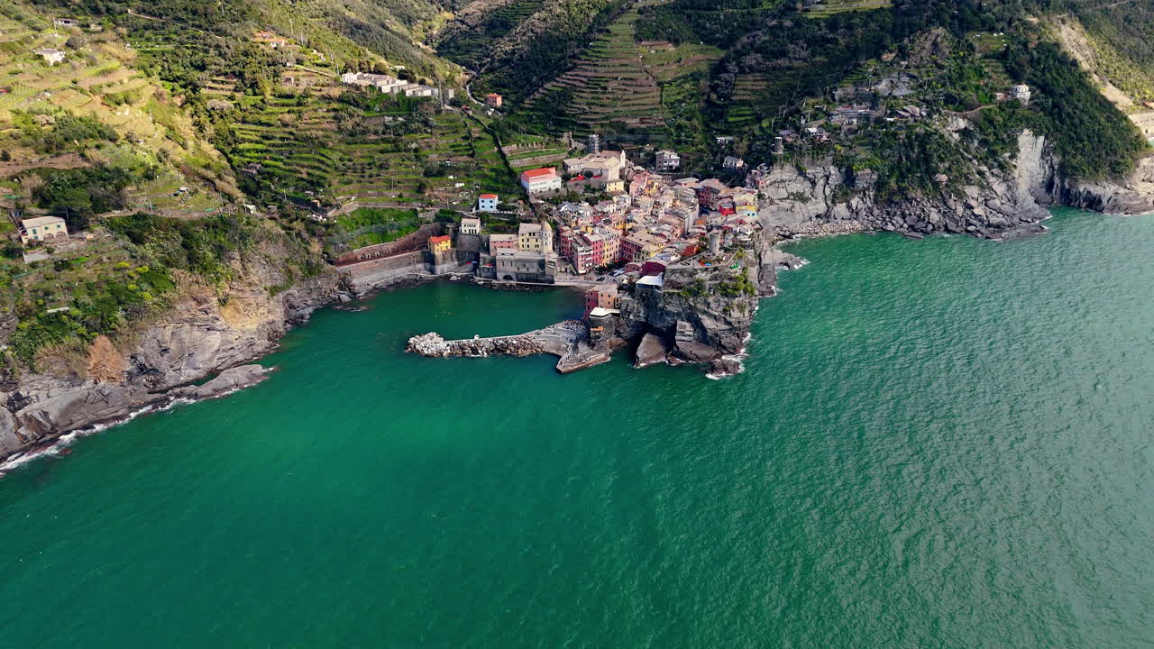 Vernazza, a colorful village by the sea in cinque terre, italy, aerial view