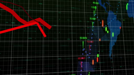 Animación-De-Líneas-Rojas,-Procesamiento-De-Datos-Financieros-Sobre-El-Mapa-Mundial