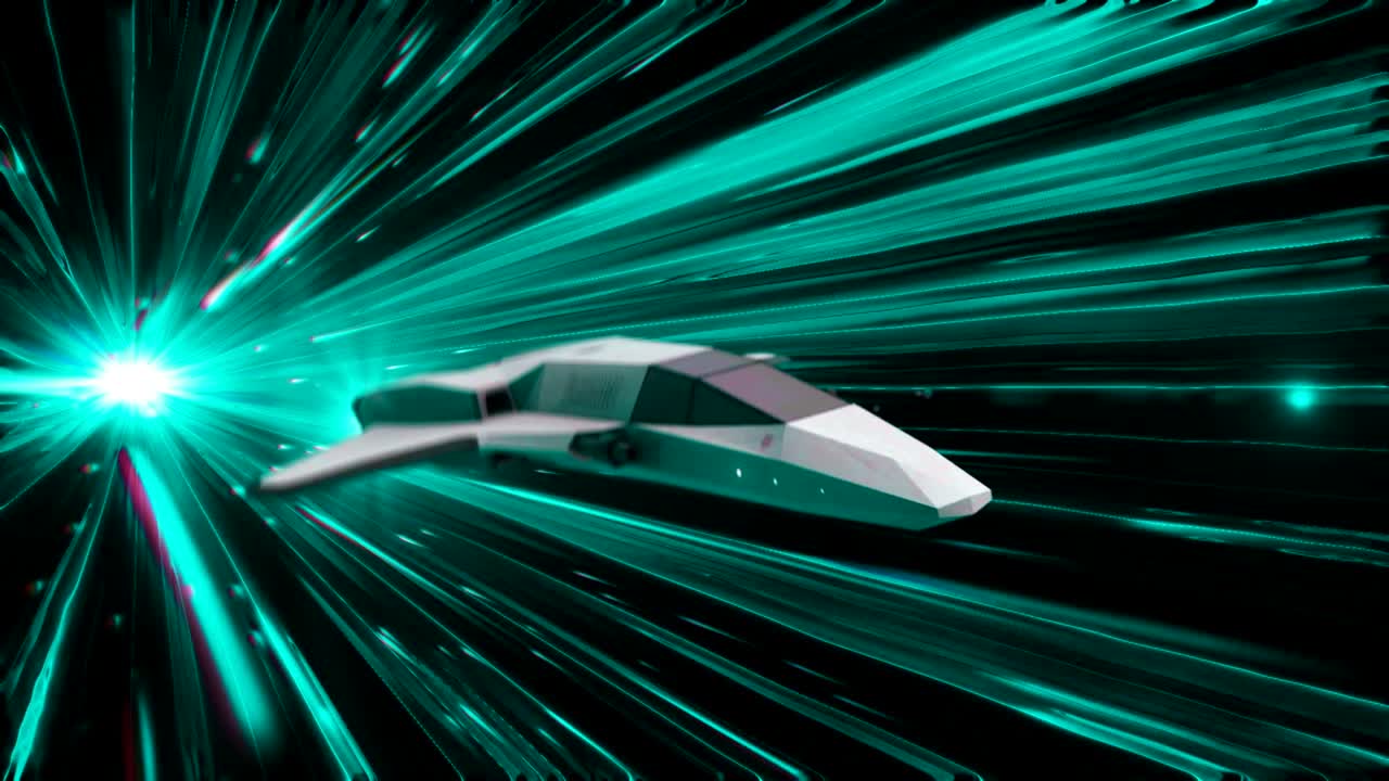 Beautiful abstract animation of spaceship in a time-space tunnel. Animation. 3d animation of spacecraft of the future in Hyperspace Jump
