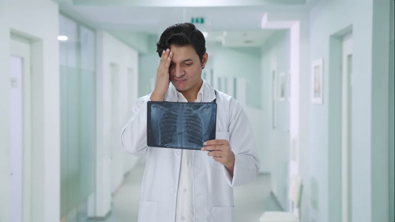 Confused Indian doctor checking X ray report