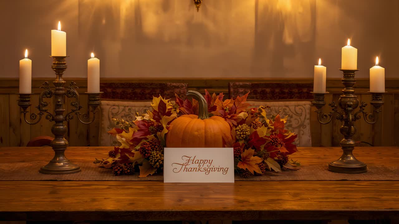 Flickering flames casting pumpkin light on dining table, Happy Thanksgiving card creating cozy mood