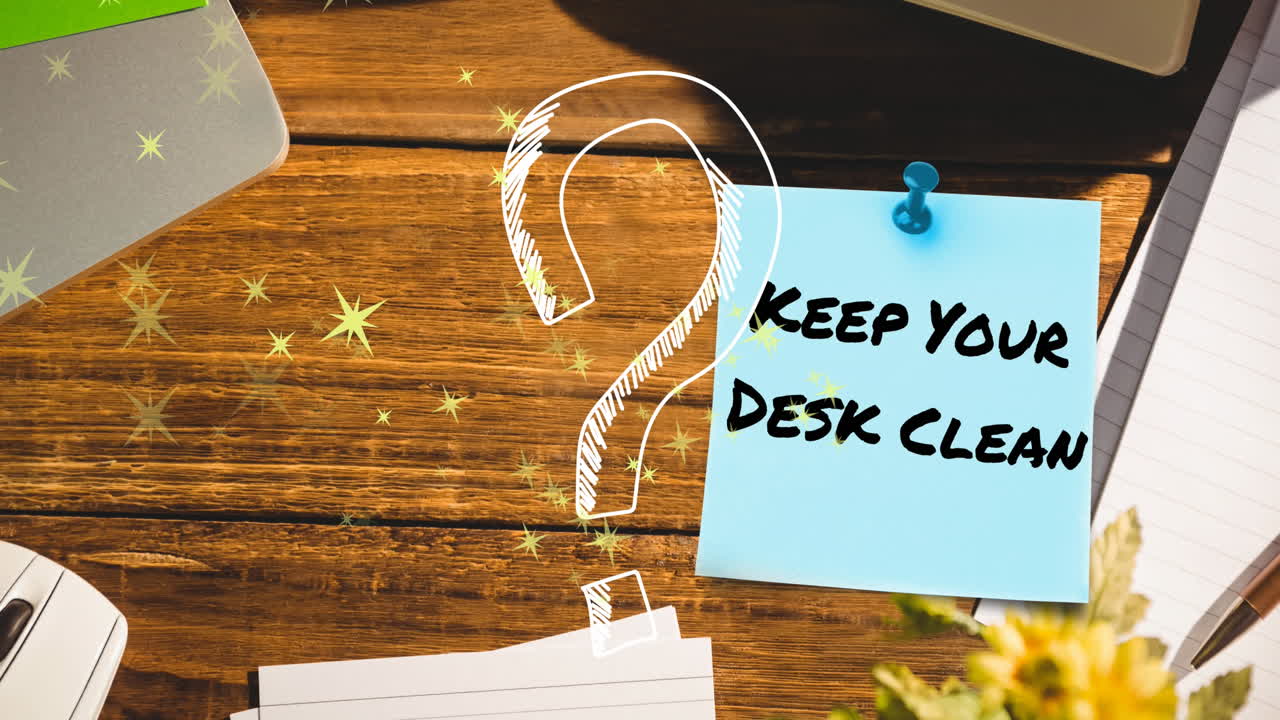 Animation of question mark and keep your desk clean text over school items