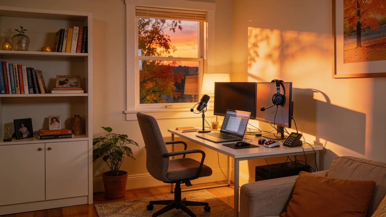 Shifting sunset light moving leaf shadows across home workspace desk, showing laptop and microphone