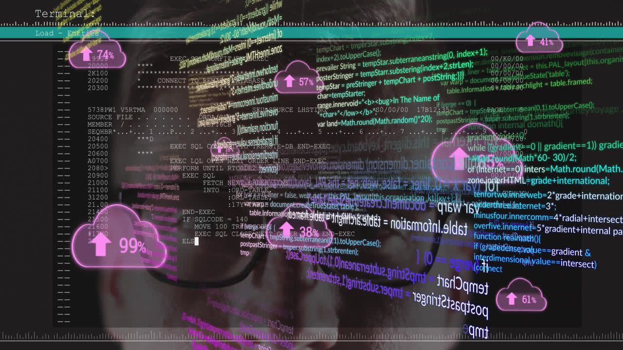 animación del procesamiento de datos sobre el hombre caucásico y los íconos de las nubes