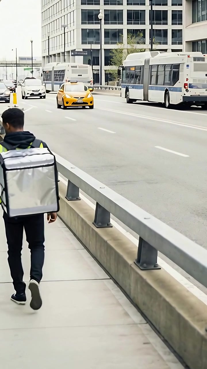 Vertical video: Checking phone, courier in jacket walking raised path with delivery bag, copy space