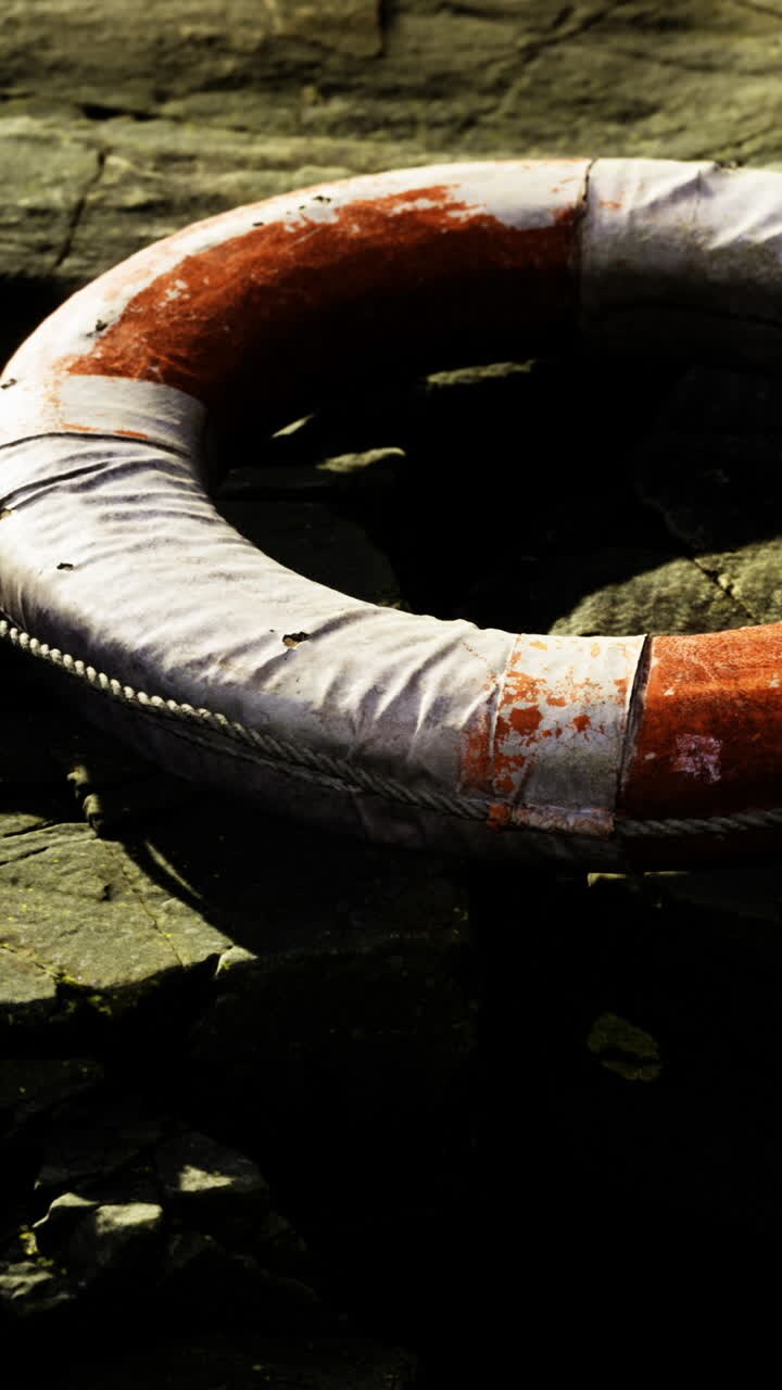 Lifebuoy rests on rocky surface near water during bright daylight