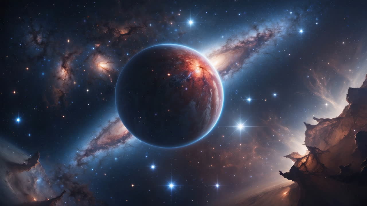 Distant Planet Amidst Stellar Nebula and Galaxy