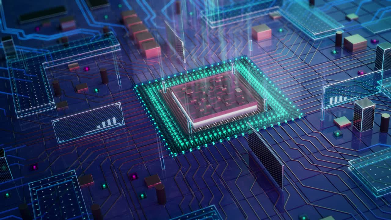 visualización de computación de cpu. las líneas digitales mueven datos.