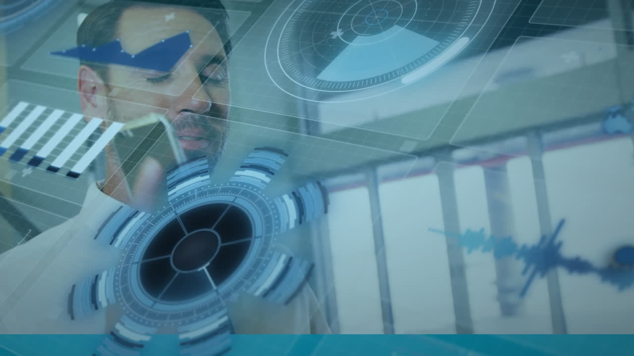 animación de procesamiento de datos contra un hombre de negocios caucásico con una bolsa de carrito hablando en un teléfono inteligente