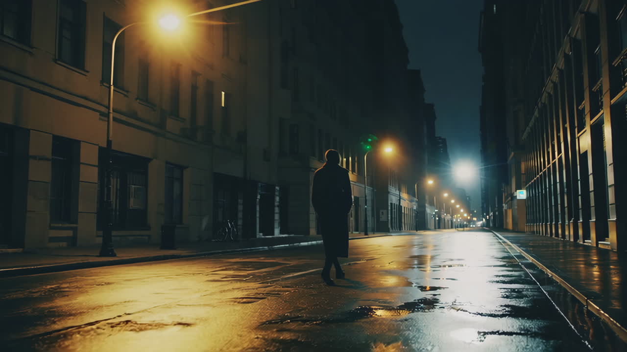 Man Walking Alone on a Rainy Night City Street
