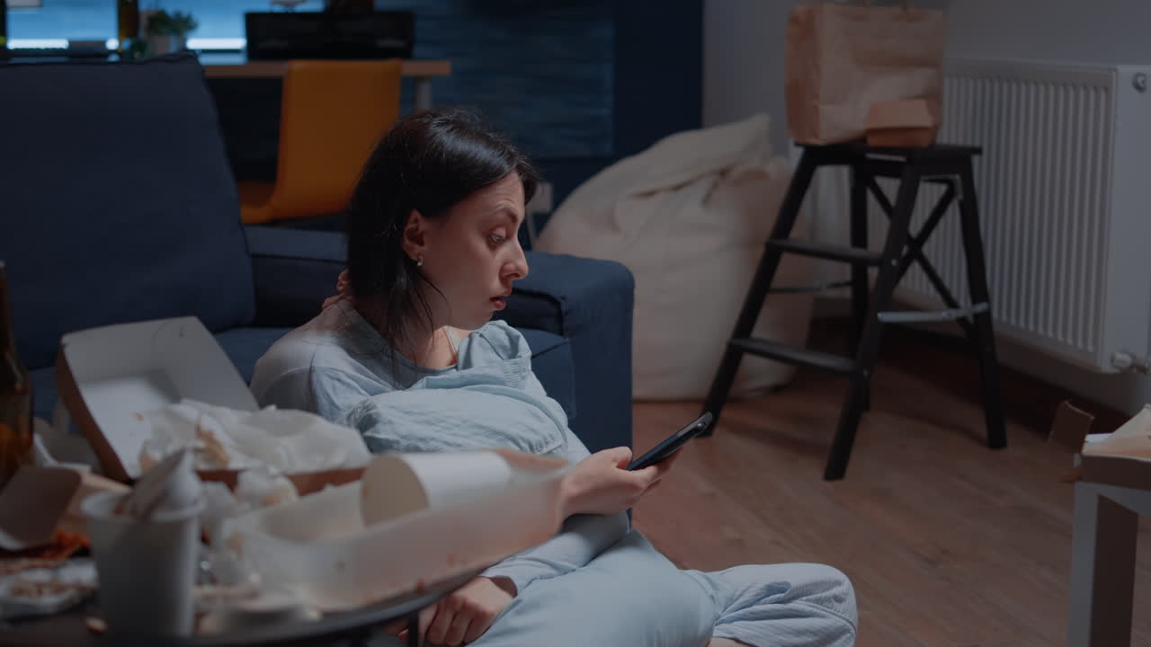 Lonely woman with anxiety and mental problems browsing on smartphone