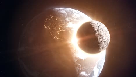 la luna chocando contra el planeta tierra causando una destrucción indescriptible
