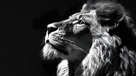 a black and white photo of a lion in the dark