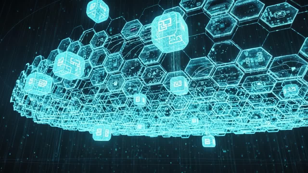 An intricate digital network depicted in vibrant blue hexagonal structures, showcasing interconnected data nodes and elements, symbolizing advanced technology and innovation