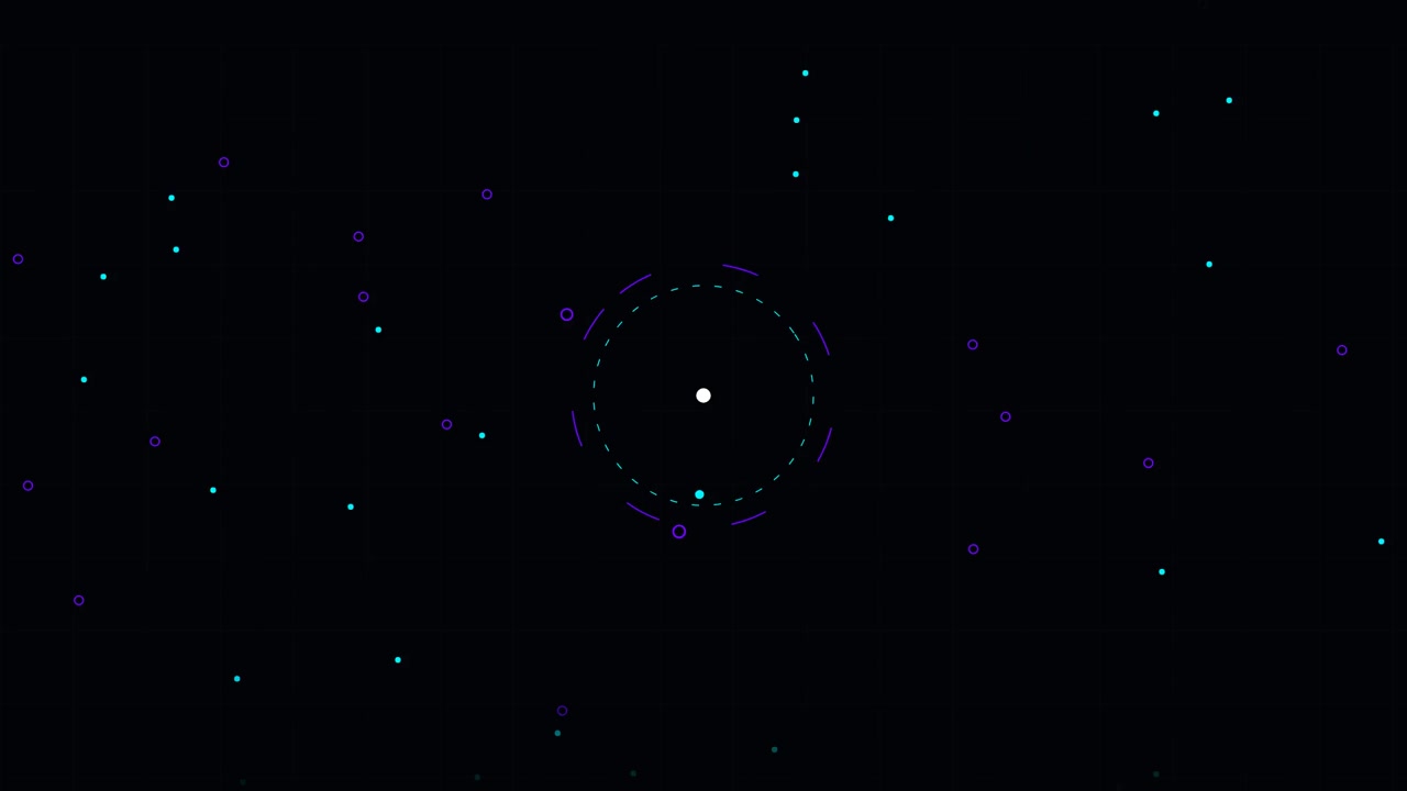 Grafica animata digitale astratta con centro pulsante e particelle fluttuanti