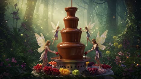 enchanting scene of fairies gathering around a chocolate fountain surrounded by berries and fruit in a lush, magical forest setting
