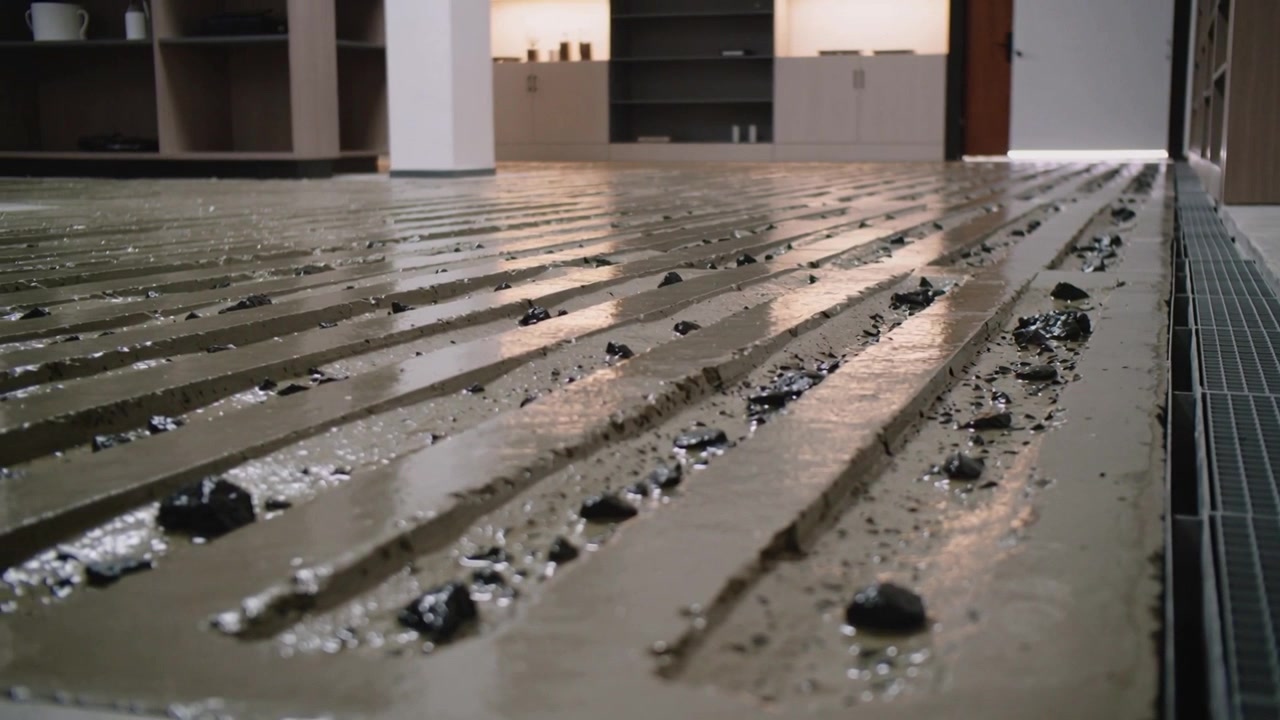 Asentando una capa de hormigón ranurado húmedo recién colocado, nivelando la lechada en una sala de exposición, con una zanja metálica.