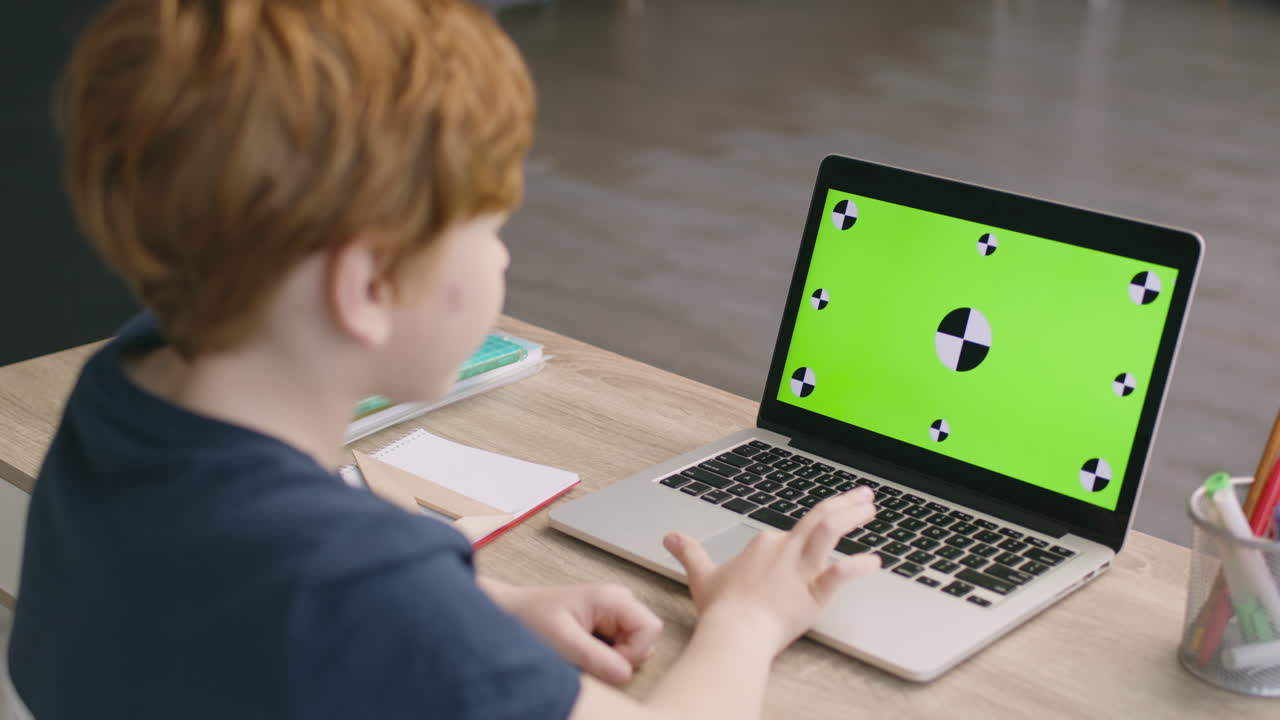 niño usando una computadora portátil con pantalla verde