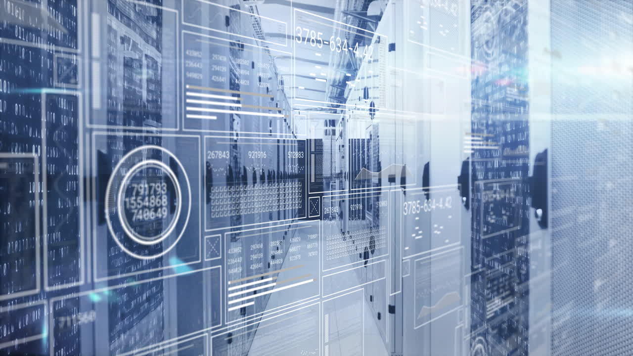 Digital data processing animation over modern server room with futuristic interface