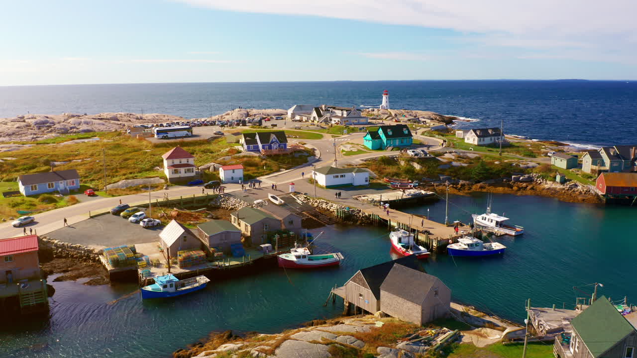 Aerial drone shot over Peggy's Cove in Oak island, Nova Scotia, Canada.
High view of the coastline and the lighthouse.