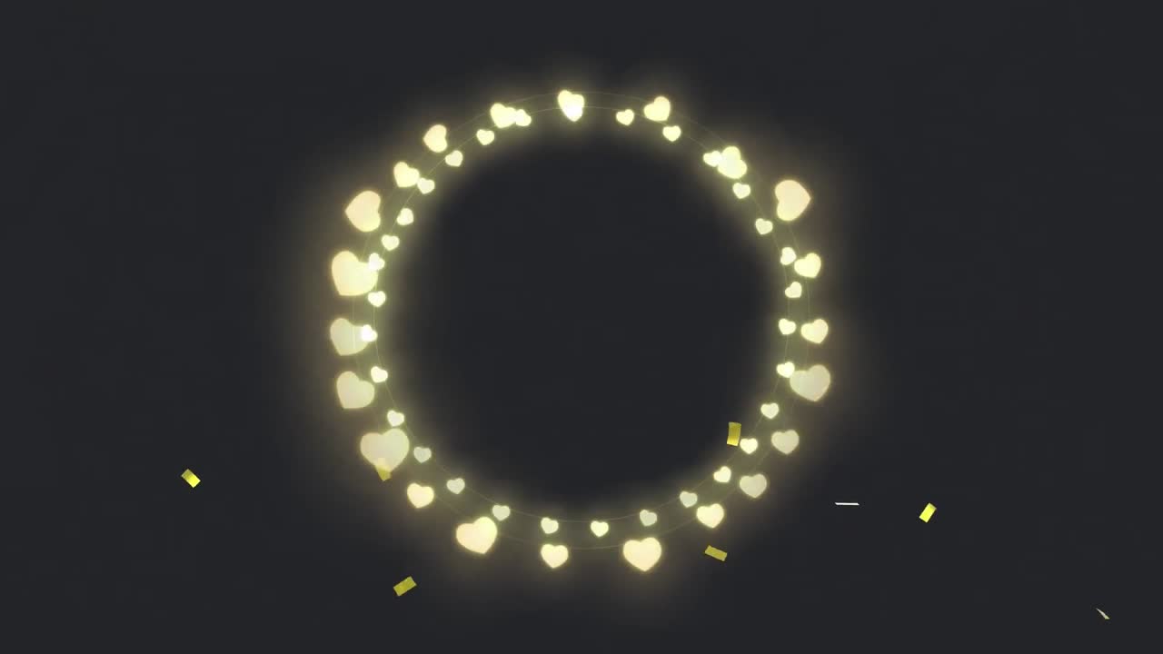 animación del círculo de corazones brillantes luces de hadas de navidad sobre confeti dorado, en negro