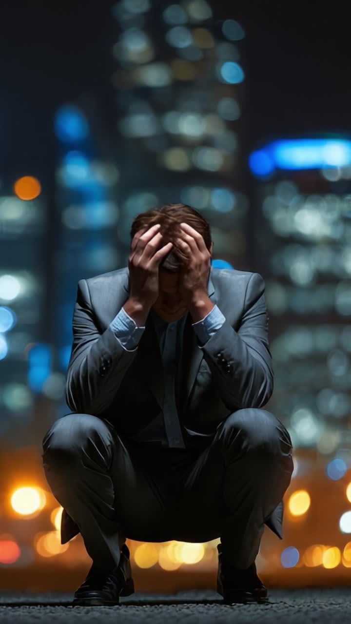 A Man in a Suit Seated on the Ground with His Hands on His Head, Conveying a Deep Sense of Despair and Frustration Amidst a Blurred Urban Nightscape