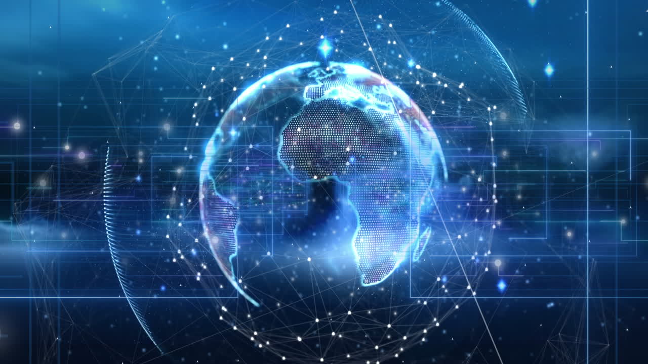 파란색 배경에 대한 회전하는 지구 위의 연결 네트워크와 빛의 흔적의 애니메이션