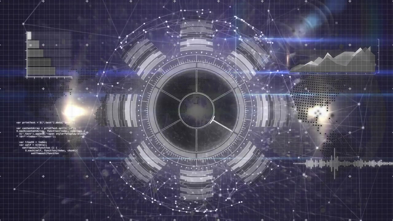 带有旋转齿轮和数据分析的未来数字界面。