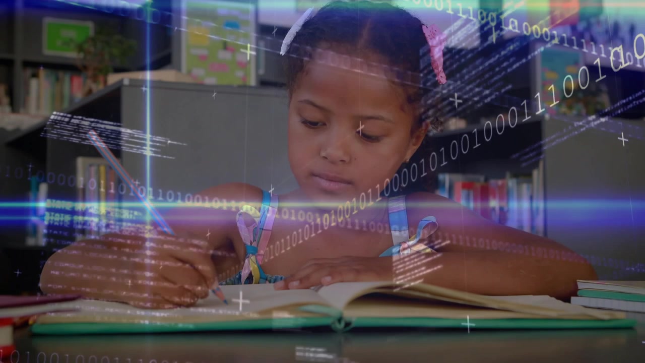 Girl student writing for learning, pencil contact initiating binary overlays layering over workbook