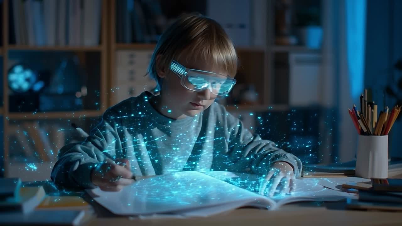Young boy studies with futuristic glasses in a cozy home setting