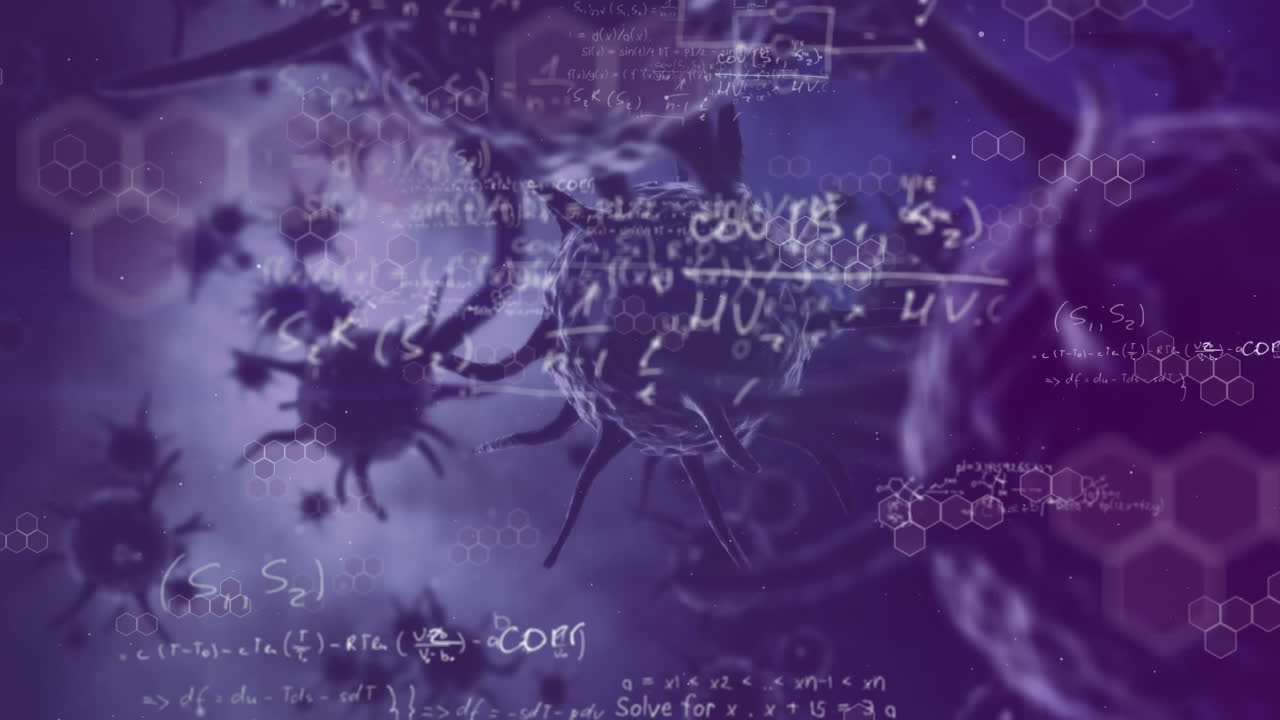 animación de células de coronavirus que se propagan sobre un fondo púrpura.
