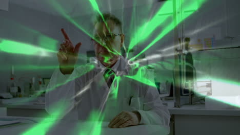 in laboratory, scientist interacting with glowing green animation holographic data