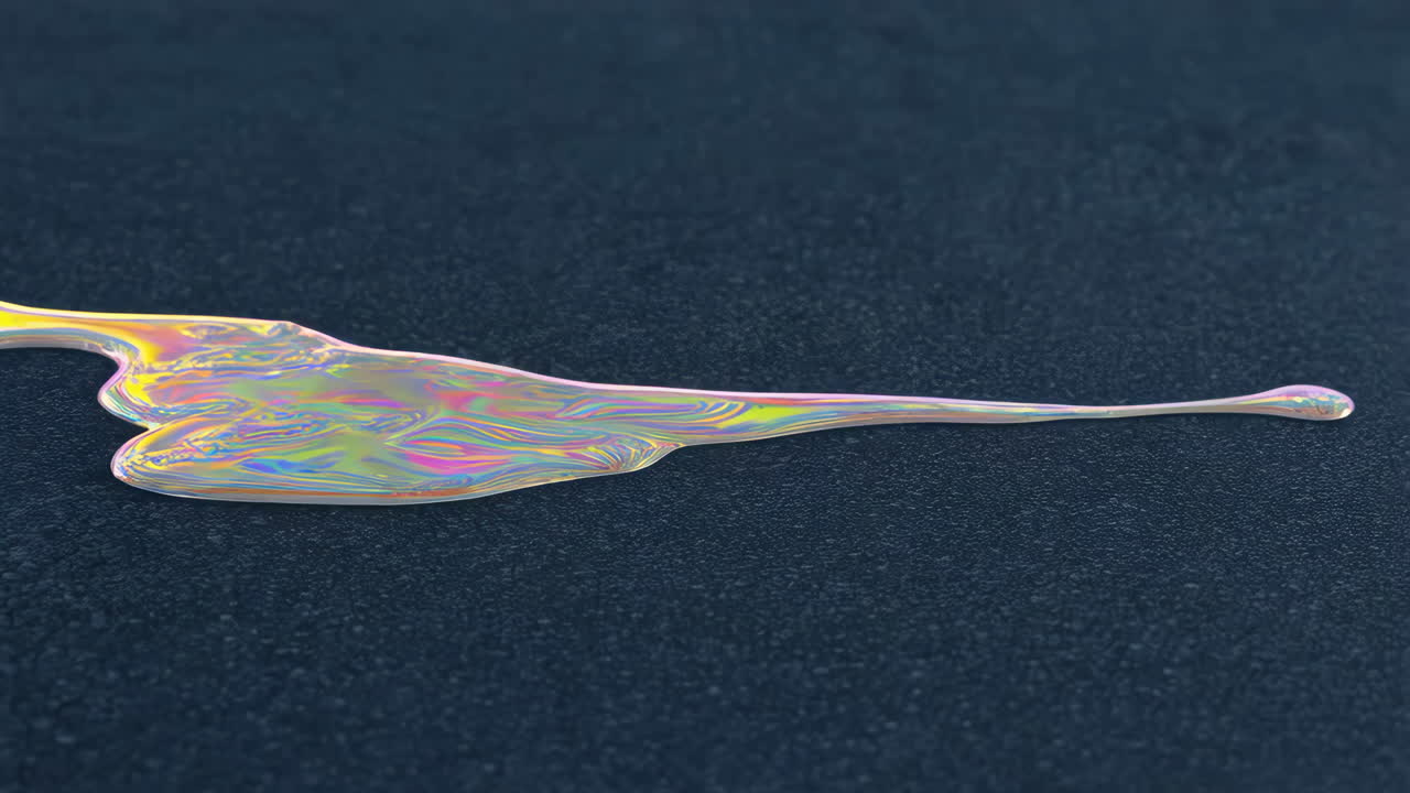 Iridescent Liquid Spilling on a Dark Textured Surface