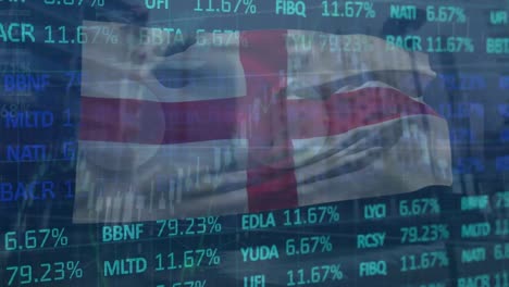 animation of financial data processing and stock market over flag of england