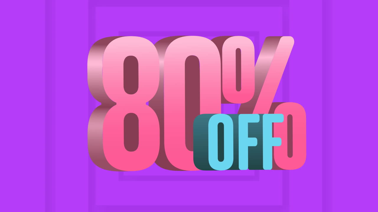 Animation of 80 percent off text on purple squares in background