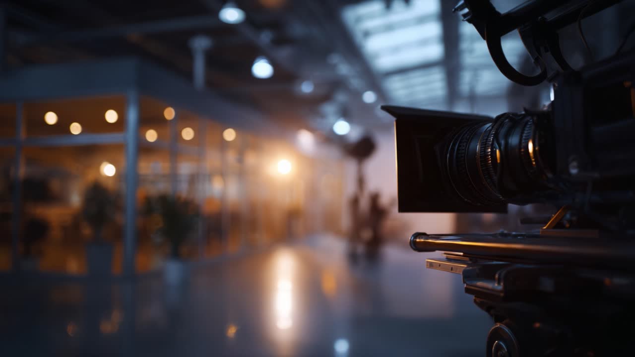 Attrezzatura cinematografica in ambiente di studio: primo piano di una telecamera professionale su treppiede, focalizzata su uno spazio creativo con illuminazione soffusa ed elementi di sfondo