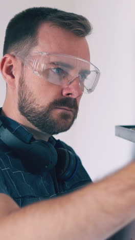 dolly cam shot: skilled constructor in protective glasses disappointed of checking wall angle with level in light room