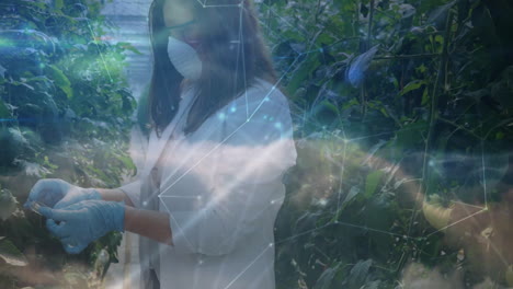 in greenhouse, scientist examining plants with digital animation overlay technology