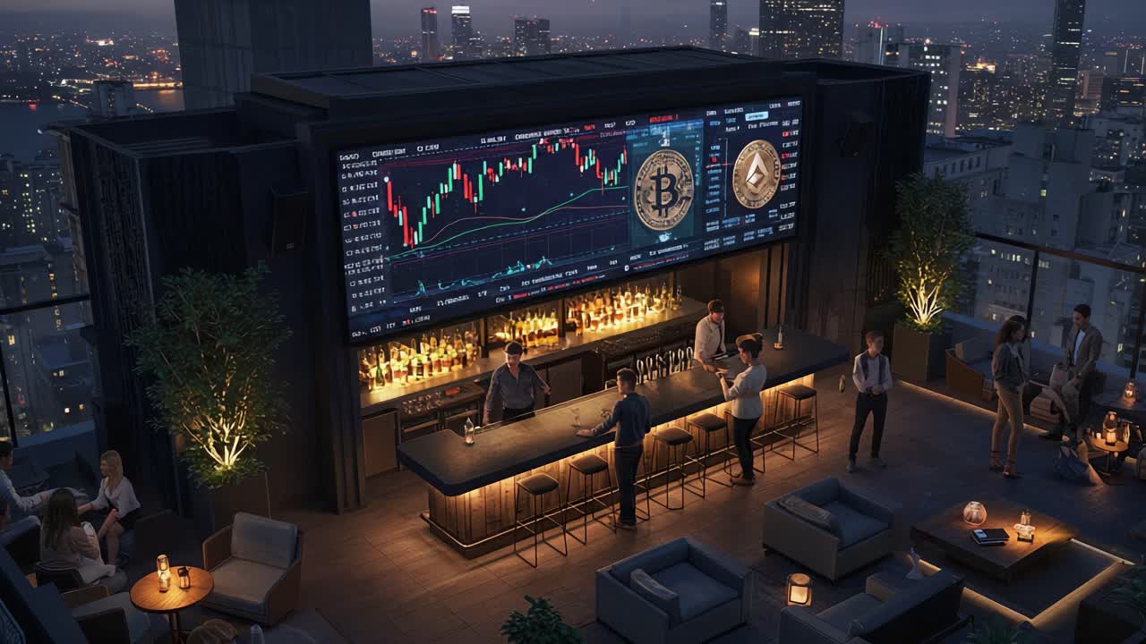 A Sophisticated Rooftop Bar Scene Featuring Crypto Market Data, City Skyline, and Engaged Patrons Enjoying an Upscale Evening Experience