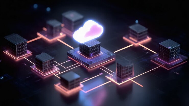 Uma representação artística da arquitetura de computação em nuvem, mostrando o fluxo de dados entre vários servidores em uma infraestrutura de rede moderna