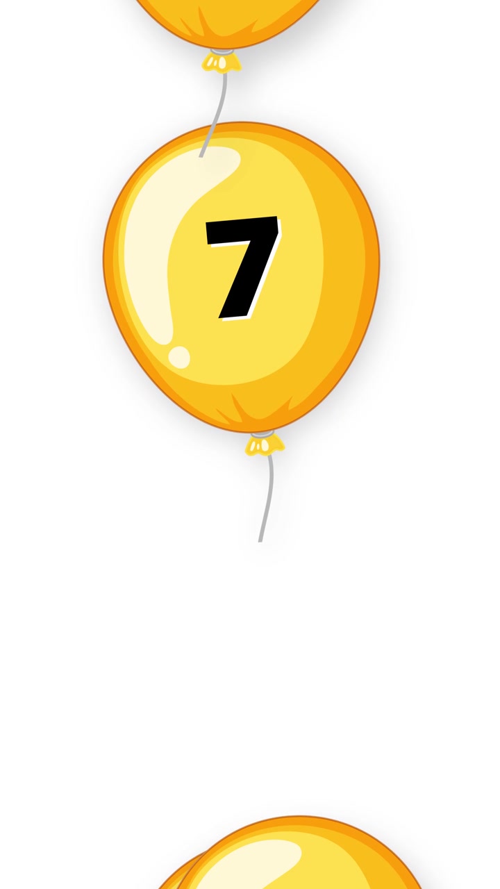 Palloncini gialli animati con il numero sette cadono verticalmente su uno sfondo pulito da studio bianco