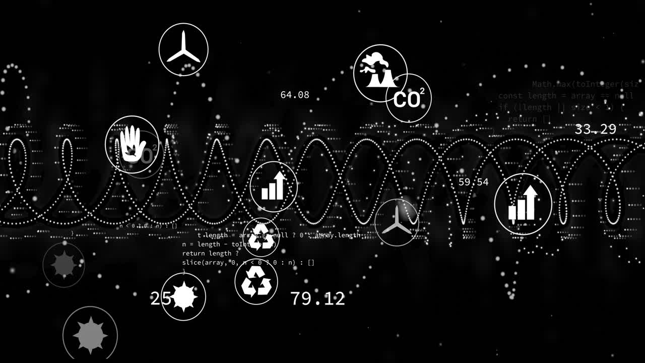 Recycling symbols and mathematical equations in animation over black background