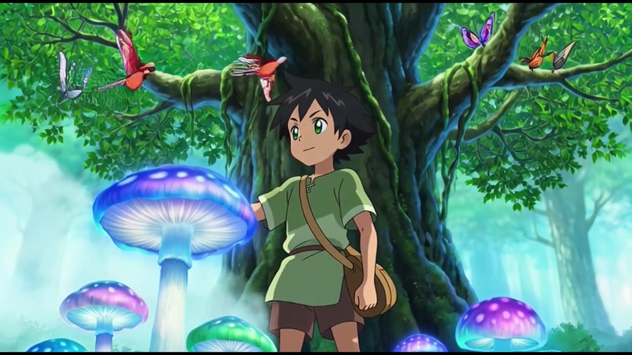 Giovane ragazzo che esplora una foresta magica e luminosa con creature fantastiche